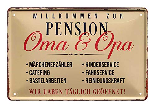Blechschild Pension Oma und Opa - Metallschild für Omi und Opi - Retro Deko Schild für Großeltern - Dekoration Geschenkidee Enkelkinder Großmutter Großvater - Hotel Herberge Omama Opapa - 30x20cm von helges-shop
