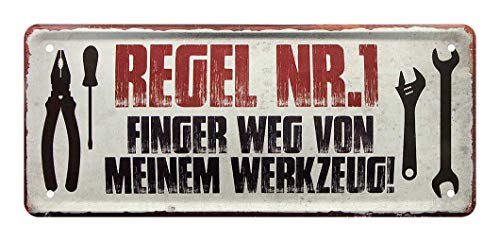 Blechschild Regel Nr.1 Finger weg von meinem Werkzeug - Dekoration Hobby Keller - Metallschild für Werkstatt - Türschild für Bastelraum - Deko für Handwerker, Schrauber, Mechaniker - 28x12cm von helges-shop