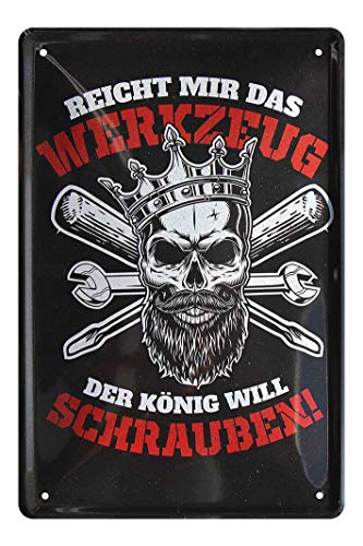 Blechschild Reicht mir das Werkzeug - Retro Blechschilder Wanddeko - Kfz Motorrad Mechaniker Schrauber Meister Handwerker Geschenk - Deko Hobbyraum Garage Keller - Werkstattschild aus Blech - 20x30cm von helges-shop