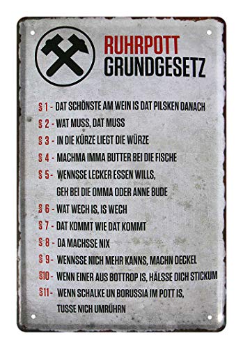 Blechschild Ruhrpott Grundgesetz - Metallschild Ruhrgebiet Pott Gesetze - Retro Deko Schild Ruhrdeutsch Sprüche Dialekt - lustiges Geschenk für Ruhrgebietsbewohner Zugereiste Zugezogene - 20x30cm von helges-shop