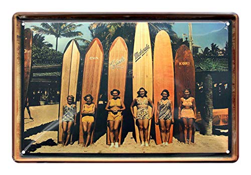 Blechschild Surf Wahines mit Surfboards - Metallschild mit 6 Surferinnen und ihren Longboards am Strand - Retro Deko Schild Surfing Surfen Wellenreiten Surfbrett Hawaii - Geschenk Beach Bar - 30x20cm von helges-shop