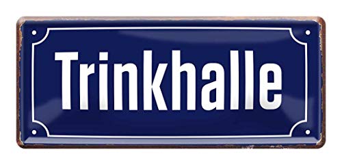 Blechschild Trinkhalle - Hinweis Schild Kiosk Bude Wasserhäuschen Spätkauf Büdchen Imbiss - Retro Deko Alkohol Tabak Süßwaren Bier Schnaps Zeitschriften - Straßenschild Form - 28x12cm von helges-shop