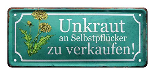 Blechschild Unkraut an Selberpfücker zu verkaufen - Deko Metallschild mit lustigen Spruch - witziges Wandbild für Pflanzen und Gartenfreunde - Willkommen Schild - Gartendeko Geschenk - 28x12cm von helges-shop