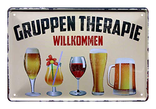 Blechschild Willkommen Gruppen Therapie - lustiges Retro Deko Schild - witziges Alkohol Metallschild - Dekoration Bar Partyraum Partykeller Stammtisch - Willkommens Schild - Kneipen Deko - 30x20cm von helges-shop