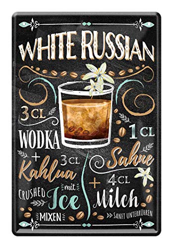 White Russian Cocktail Blechschild - Retro Deko Schild - Metallschild zur Dekoration von Beach Bar Pub Partyraum Partykeller Kneipe - Anleitung Rezept zum Cocktails Longdrinks Mixen - 20x30cm von helges-shop