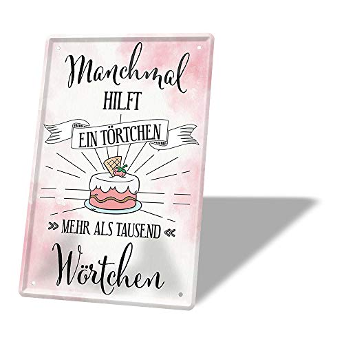 Blechschild mit Montage Set - Metallschild für Kuchen und Torten Genießer - Vintage Retro Deko Schild für Küche Esszimmer Cafe Bäckerei Konditorei - Geschenkidee Backfans Hobbybäcker - 20x30cm von helges-shop