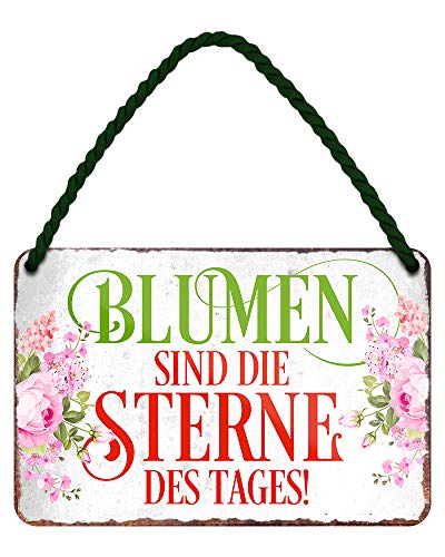 Blumen sind die Sterne des Tages - stilvolles Metallschild mit Kordel und Saugnapf - Retro Deko Hängeschild - Dekoration für Balkon Terrasse Garten Schrebergarten Blumenladen Florist - 18x12cm von helges-shop