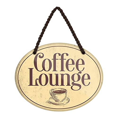 Coffee Lounge Hängeschild - dekoratives Kaffee Schild - Retro Blechschild inklusive Kordel und Saugnapf - Dekoration für Küche Cafe Bistro Coffee Shop Bäckerei - 18 cm x 12 cm von helges-shop