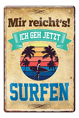 Dekoschild für Surferinnen und Surfer - Retro Deko Blechschild im Vintage Style - Metallschild mit Befestigungsset - schöne Dekoration zum Thema Surfen Surfing Wellenreiten Hawaii - 20x30cm von helges-shop