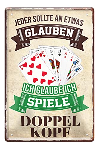 Doppelkopf Blechschild - lustiges Metallschild mit witzigen Spruch für Doppelkopf Kartenspieler - Retro Deko Schild für Wohnzimmer Man Cave Spielzimmer - Geschenk für Doppelkopf Spieler - 20x30cm von helges-shop