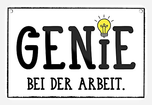 Genie bei der Arbeit Blechschild - Schild mit Kordel und Saugnapf - lustiges Metallschild mit witzigen Spruch für Arbeitsplatz Schreibtisch Büro Kinderzimmer - Türschild Hinweisschild - 18x12cm von helges-shop