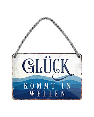 Glück kommt in Wellen - Metallschild mit Kordel und Saugnapf - maritime Wanddeko oder Türdeko für Strandkorb Badezimmer Garten Balkon Terrasse Balkon Eingang Lieblingsplatz Boot Garage - 18x12cm von helges-shop