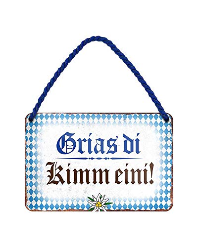 Grias Di Hängeschild - lustiges Retro Deko Metallschild mit Kordel und Saugnapf - witzige Dekoration Haustür Hauseingang Flur Biergarten Wirtschaft - bayrischer Gruß mit Bayern Raute - 18x12cm von helges-shop