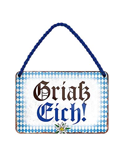 Griaß Eich Hängeschild - lustiges Retro Deko Metallschild mit Kordel und Saugnapf - witzige Dekoration Haustür Hauseingang Flur Biergarten Wirtschaft - bayrischer Gruß mit Bayern Raute - 18x12cm von helges-shop