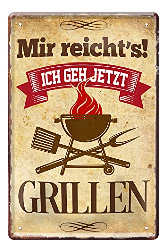 Grill Blechschild - Metallschild mit witzigen Spruch Grill Meister - Retro Deko Schild Terrasse Balkon Garten Grillplatz - Geschenk Grill BBQ Wurstbräter - Grill Hobby Zubehör Kugelgrill - 20x30cm von helges-shop