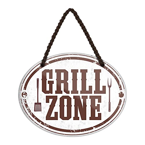 Grill Zone Schild - Hängeschild mit Kordel und Saugnapf - Retro Deko Grill Blechschild für Terrasse Balkon Grillplatz Grillhütte Garten Campingplatz - 18x12cm von helges-shop