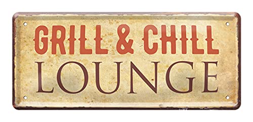 Grill und Chill Lounge Blechschild - Hinweisschild im Vintage Stil - Retro Dekoration Schild für Terrasse Balkon Garten Grillplatz - Deko Geschenk Grill BBQ - Grill Hobby Zubehör - 28x12cm von helges-shop