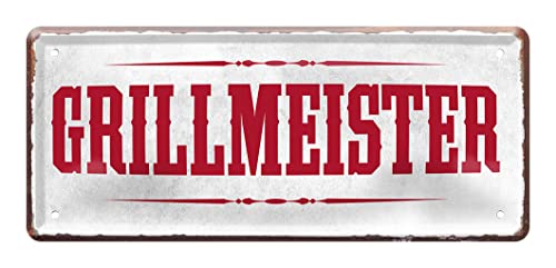 Grillmeister Schild - Grill Spruch Blechschild - Deko für Terrasse Balkon Garten Grillplatz Grillecke Grillhütte Küche - Geschenkidee Grilleur Meister des Feuers - Grill Hobby Zubehör - 28x12cm von helges-shop