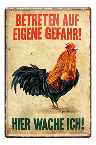 Hier wache ich Hahn Gockel Blechschild - Vintage Style Retro Deko Metallschild - Schild für Hühnerstall Hühnerhof Hühnerfarm - Geschenk für Hühnerhalter - Hinweisschild Warnschild - 20x30cm von helges-shop