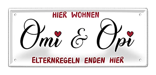 Hier wohnen Omi und Opi Blechschild - Metallschild für Oma & Opa - Retro Deko Schild für Großeltern - Dekoration Geschenkidee Enkelkinder Großmutter Großvater - Willkommen Schild - 28x12cm von helges-shop