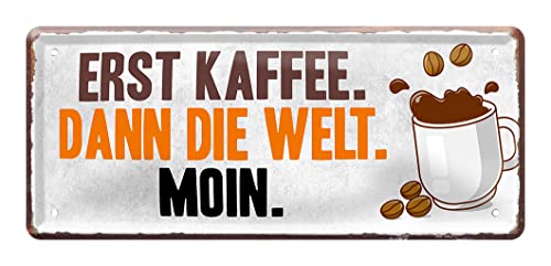 Kaffee Schild im Retro Vintage Stil - Blechschild mit witzigen Spruch für Kaffeegenießer - Deko Metallschild für Küche Kaffeebar Büro Arbeit - Geschenk Coffee Junkies Kaffeesüchtige - 28x12cm von helges-shop