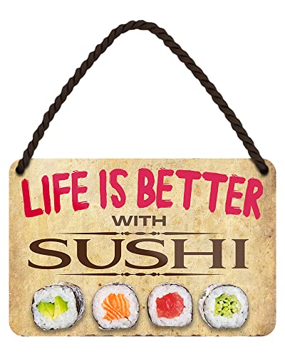 Life is better with Sushi - Retro Deko Hängeschild mit Kordel und Saugnapf - Dekoration Küche Sushi Japan Restaurant - 18x12cm von helges-shop