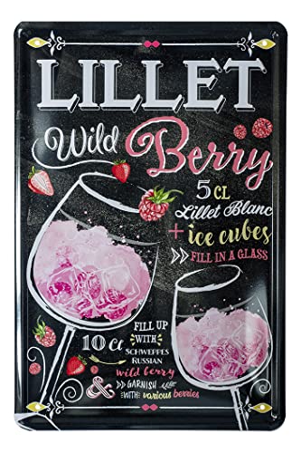 Lillet Wild Berry Cocktail Rezept Blechschild - Retro Deko Schild - Metallschild zur Dekoration von Küche Beach Bar Pub Kellerbar Lounge Kneipe - Anleitung zum Longdrink Mixen - 20x30cm von helges-shop