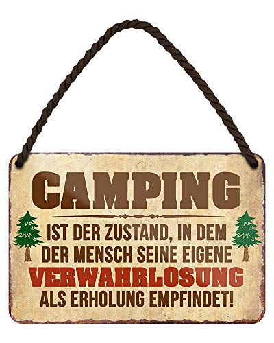 Lustiger Camping Spruch - witziges Metallschild mit Kordel und Saugnapf - Deko Schild Geschenk Campingwagen Wohnanhänger Wohnmobil Caravan - Wohnwagen Zubehör innen Wohnmobilausstattung - 18x12cm von helges-shop