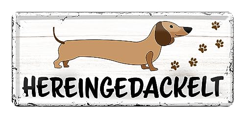 Lustiges Dackel Türschild Eingangsschild Willkommensschild - Blechschild nicht nur für Dackelbesitzer - Geschenkidee für Dachshund Fans - 28 cm x 12 cm von helges-shop
