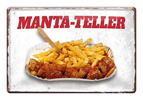 Manta Teller Blechschild - Mantateller Metallschild mit Befestigungsset - schöne Grafik von Currywurst und Pommes mit Ketchup und Mayonnaise - Schild für Imbiss Küche - Ruhrpott Deko - 30x20cm von helges-shop