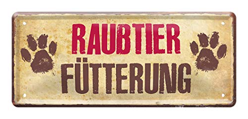 Raubtier Fütterung - Retro Deko Blechschild - dekoratives Hinweis- und Warn-Metallschild auf Fütterung der hauseigenen Bestien - schöne Dekoration für den Fressnapf von Hunden oder Katzen - 28x12cm von helges-shop