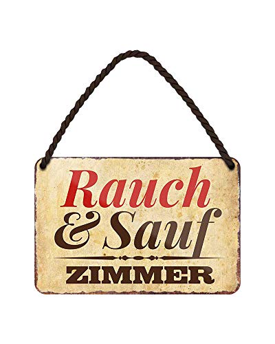 Rauch & Sauf Zimmer Blechschild - Metallschild mit Kordel und Saugnapf - Retro Deko Schild - Wanddeko oder Türdeko für Partykeller Bar Kneipe Man Cave - Geschenk für Raucher und Säufer - 18x12cm von helges-shop
