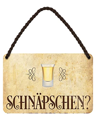 Schnaps Schild - witziges Metallschild mit Kordel und Saugnapf - lustiges Blechschild für Schnapstrinker - Deko für Küche Restaurant Wirtshaus Biergarten Kneipe Pub Bar Kellerbar Hausbar - 18x12cm von helges-shop