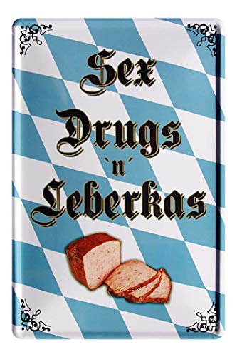 Sex Drugs Leberkas Blechschild - Vintage Retro Deko Metallschild - Schild für Genießer von Fleisch & Wurstwaren - Dekoration Oktoberfest Biergarten - Geschenkidee bayrische Spezialitäten - 20x30cm von helges-shop