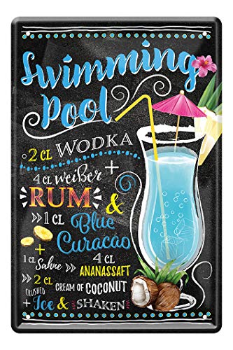 Swimming Pool Cocktail Rezept Blechschild - Retro Deko Schild - Metallschild zur Dekoration von Küche Beach Bar Pub Kellerbar Lounge Kneipe - Anleitung zum Cocktail Longdrink Mixen - 20x30cm von helges-shop