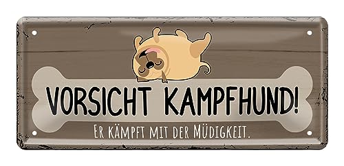 Vorsicht Kampfhund Schild - lustiges Warnschild für Hundebesitzer - Blechschilder Dekoidee für Eingang Flur Wohnungstür - 28 cm x 12 cm von helges-shop