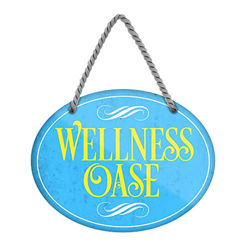 Wellness Oase Schild - Hängeschild mit Kordel und Saugnapf - Wanddeko oder Türdeko für Balkon Terrasse Gartenlaube Lieblingsplatz Spa Badezimmer Sauna - 18x12cm von helges-shop