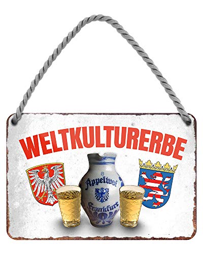 Weltkulturerbe Apfelwein Ebbelwoin - Metallschild mit Kordel und Saugnapf - Schild für Ebbelwein Trinker - Deko für Küche Lokal Restaurant Wirtshaus Ebbelwei Kneipe Straußwirtschaft - 18x12cm von helges-shop