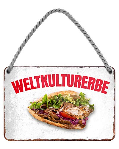 Weltkulturerbe Döner Kebab - Metallschild mit Kordel und Saugnapf - Schild für Feinschmecker Genießer und Gourmets - Deko für Küche Restaurant Imbiss Take Out Dönerbude Dönerstand - 18x12cm von helges-shop