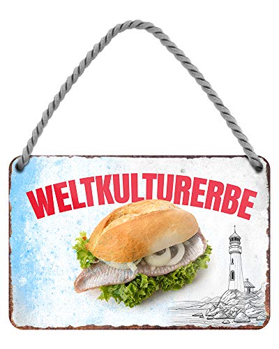 Weltkulturerbe Fischbrötchen Blechschild - Metallschild mit Kordel und Saugnapf - Schild für Feinschmecker Genießer und Gourmets - Deko für Küche Lokal Fisch Restaurant Wirtshaus Pub - 18x12cm von helges-shop