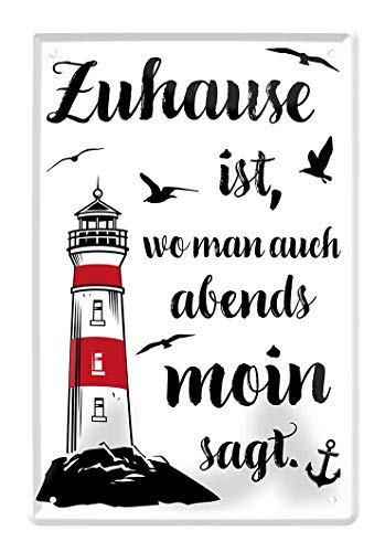 Zuhause Moin - Metallschild mit witzigen Spruch für zu Hause - Retro Deko Blechschild Küche Wohnzimmer Eingang Lieblingsplatz - Geschenk Schild für alle die gerne Moin sagen- moin moin - 20x30cm von helges-shop