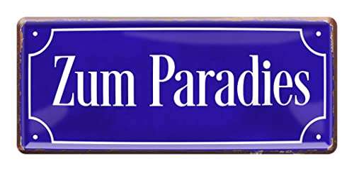 Zum Paradies - Retro Blechschild - Deko Metallschild für Terrasse Balkon Garten Veranda Loggia Dachterrasse - Wanddeko im Vintage Straßenschild Stil - inkl. Befestigungsset - 28x12cm von helges-shop