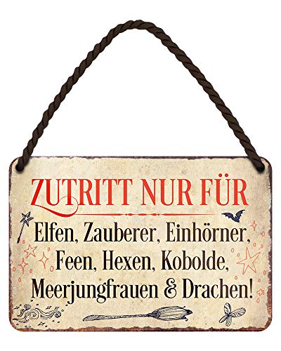 Zutritt nur für Elfen Zauberer Einhörner Feen Hexen Kobolde Meerjungfrauen und Drachen - Blechschild mit lustigen Spruch - Metallschild mit Kordel und Saugnapf - Wanddeko oder Türdeko - 18x12cm von helges-shop