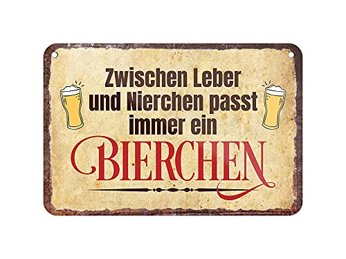 Zwischen Leber und Nierchen passt immer ein Bierchen - witziges Metallschild mit Kordel und Saugnapf - lustiges Schild für Biertrinker und Genießer - Deko für Wirtshaus Biergarten Kneipe - 18x12cm von helges-shop