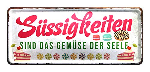 helges-shop Blechschild Süssigkeiten - Retro Deko Metallschild - Geschenk für Menschen mit süßen Zahn, Feinschmecker, Leckermäulchen und Naschkatzen - Küchenbild Dekoration aus Blech - 28x12cm von helges-shop