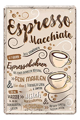 helges-shop Espresso Macchiato Blechschild - Retro Deko Kaffee Espresso Schild - Metallschild zur Dekoration von Küche Kaffeeladen American Cafe Diner Bistro - Anleitung Rezept Zubereitung - 20x30cm von helges-shop