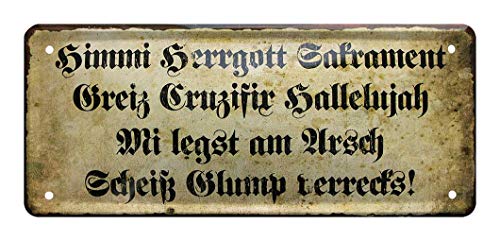 helges-shop Himmi Herrgott Kruzifix -Vintage Retro Deko Metallschild - Boarischer Fluch Schimpfwort Spruch Zitat - Hilfe zum bayrisch fluchen für Anfänger - Wanddeko inkl. Montageset - 28x12cm von helges-shop