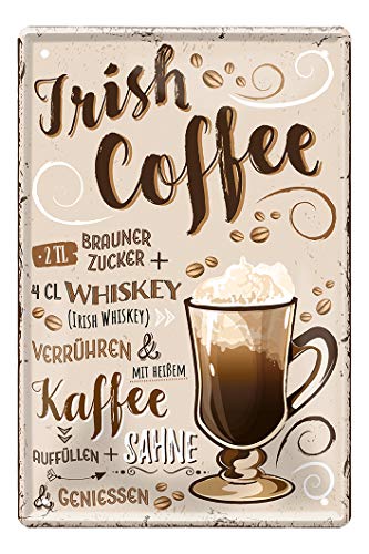 helges-shop Irish Coffee Blechschild - Retro Deko Kaffee Espresso Schild - Metallschild zur Dekoration von Küche Kaffeeladen American Cafe Diner Bistro - Anleitung Rezept Zubereitung - 20x30cm von helges-shop