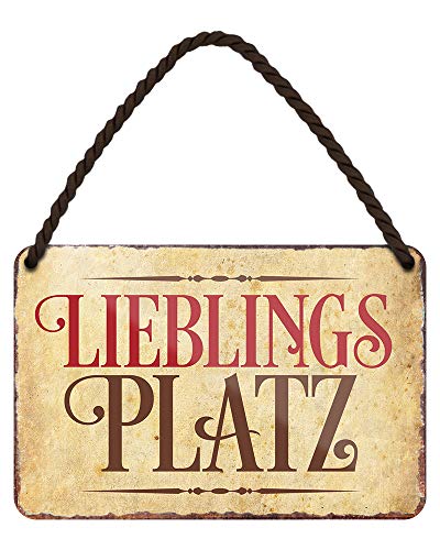 helges-shop Lieblingsplatz Blechschild - Metallschild mit Kordel und Saugnapf - Retro Deko Schild - Wanddeko Türdeko für Küche Wohnzimmer Kaminzimmer Balkon Terrasse Gartenlaube Kneipe - 18x12cm von helges-shop