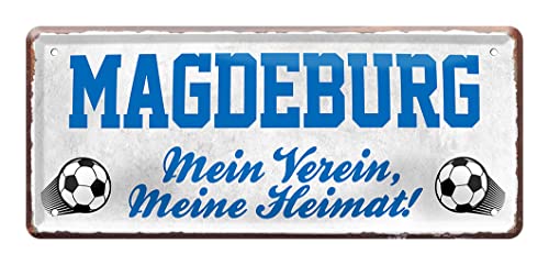 helges-shop Magdeburg Fan Blechschild - Retro Fußball Schild - Deko Fanartikel für Wohnzimmer Kinderzimmer Werkstatt - schöne Geschenkidee für große und kleine Magdeburger Fussball Fans - 28x12cm von helges-shop